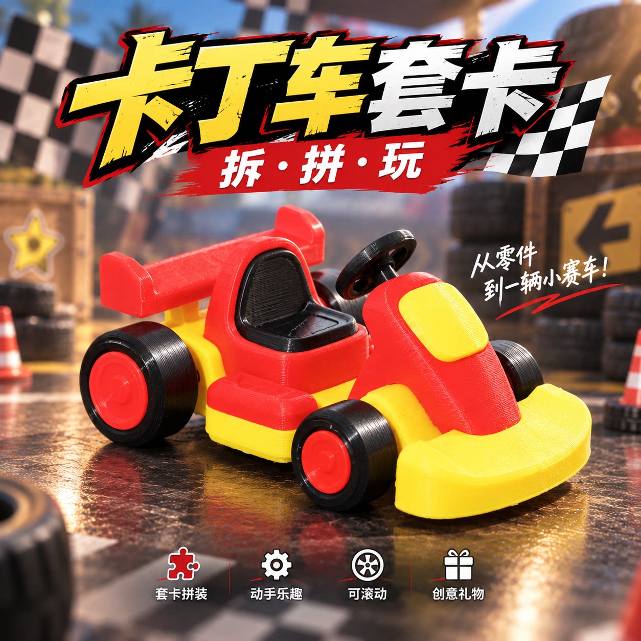 3d打印卡丁车套卡玩具可动拼装赛车模型儿童益智玩具车桌面小摆件