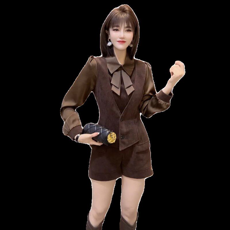 时尚套装女2023冬季新款气质修身领结马夹拼接上衣短裤显瘦两件套