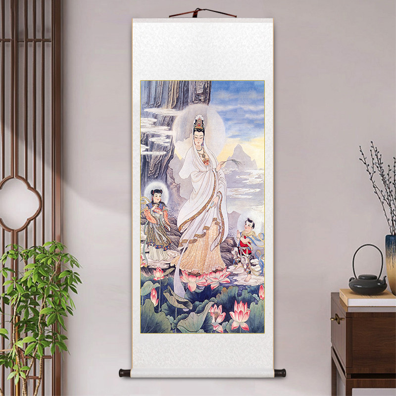 玄关画送子观音图新中式客厅装饰画名家卷轴挂画供奉观世音菩萨画
