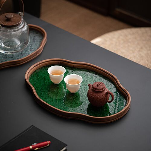 日式海棠花玻璃茶盘复古竹制茶台简约家用茶室水果点心收纳茶托盘