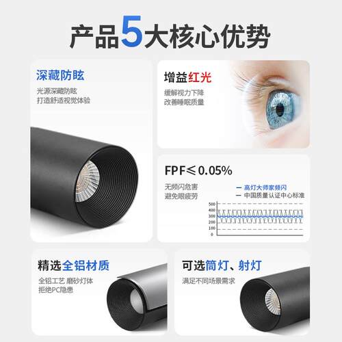黑色明装防眩射灯筒灯天花led圆桶免开孔吸顶客厅卧室玄关cob智能