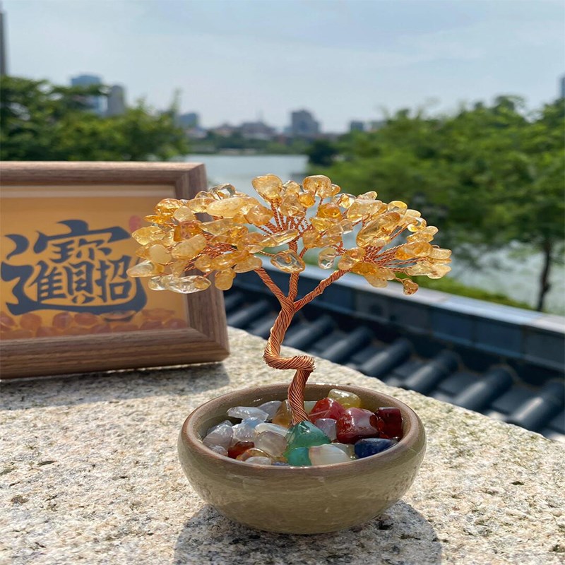 天然黄水晶碎石原石发财树桌面摆件办公室客厅富贵树招财多宝摆件