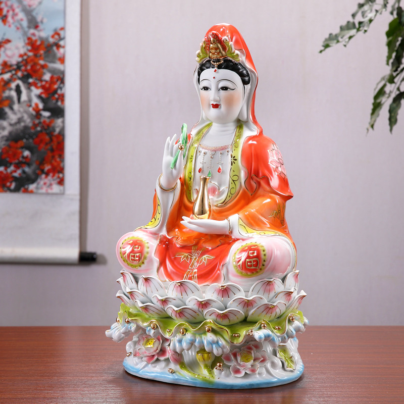 玉瓷堂陶瓷红衣观音菩萨佛像佛摆件供奉南海家用坐莲观世音菩萨像