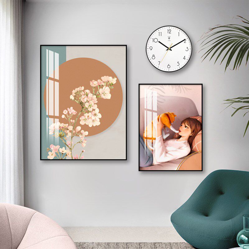 餐厅装饰画饭厅壁画客厅清新风景时钟两联轻奢创意组合晶瓷挂画