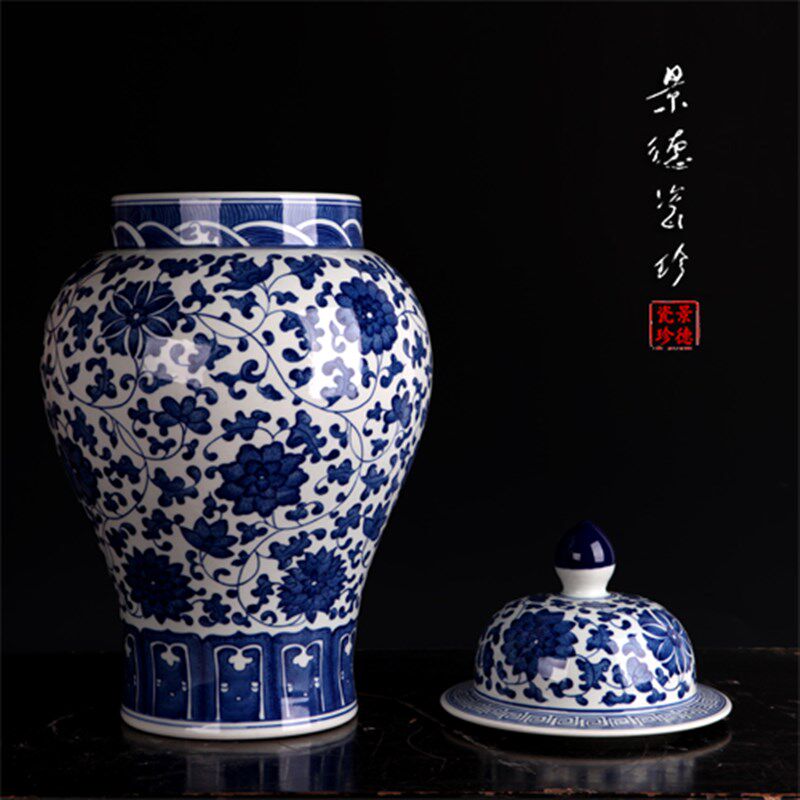 景德镇陶瓷花瓶摆件青花瓷盖罐将军罐覆古花瓶家居中式装饰品瓷罐