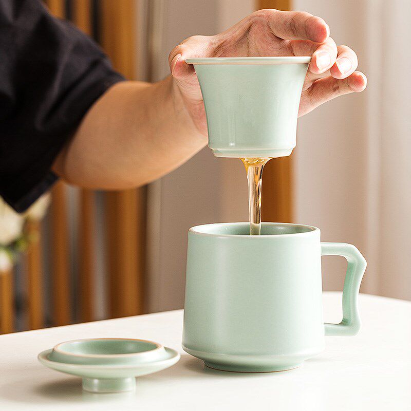 天青汝窑茶杯汝瓷可养开片泡茶杯子办公室大容量茶水分离办公杯子