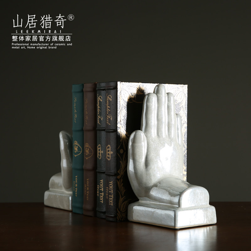 中式陶瓷手掌书靠摆件 样板间创意夹书器书立架书房书桌家居装饰