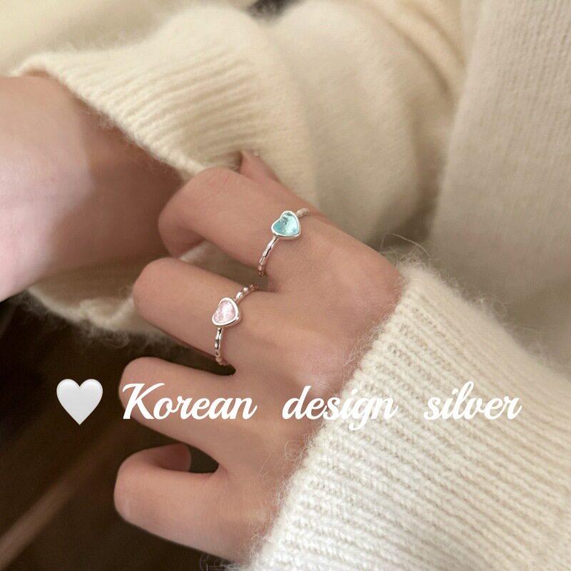 【一物一证】S999纯银风饰 925纯少女心海蓝宝粉水晶爱心戒指甜美