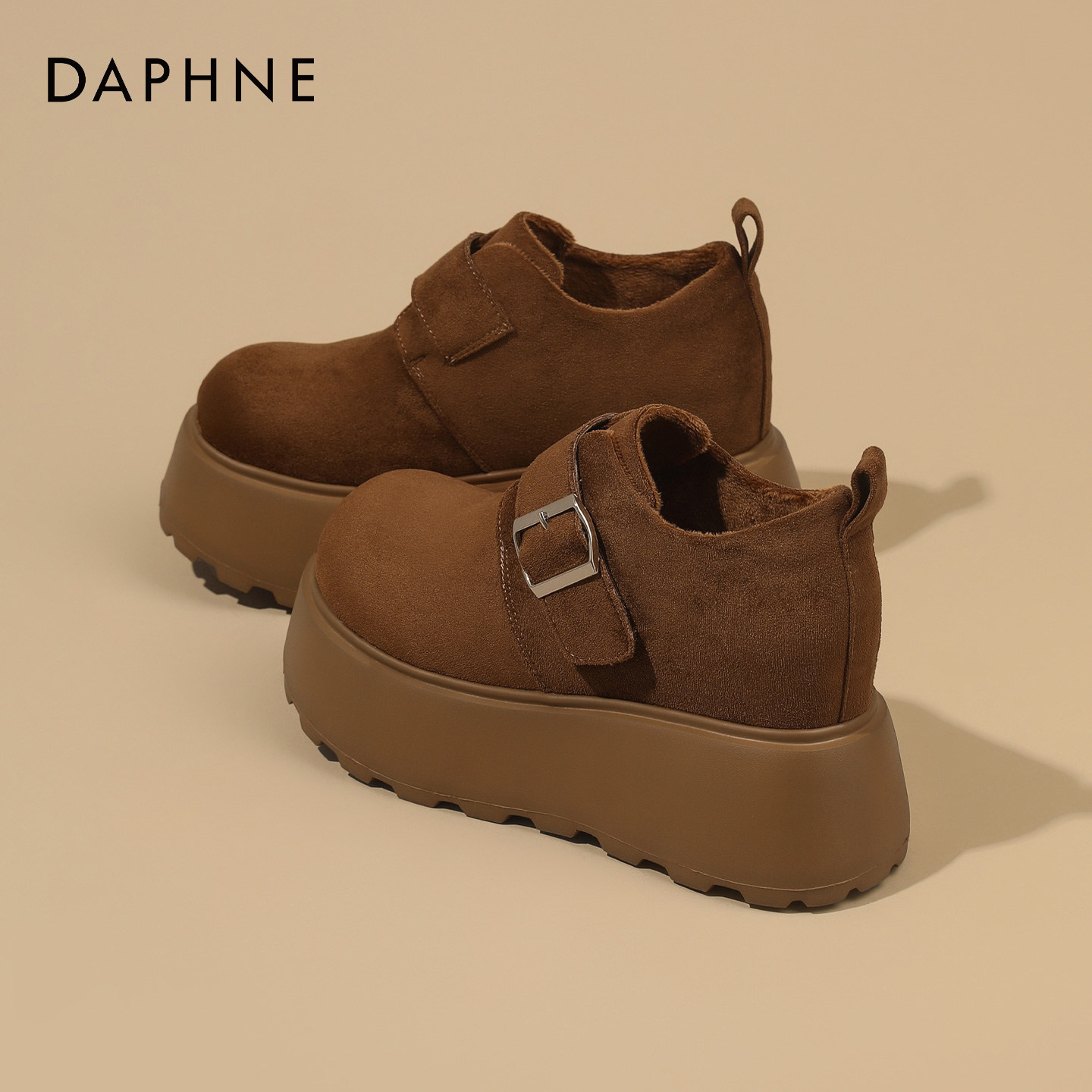 Daphne/达芙妮复古厚底勃肯鞋女皮带扣内增高松糕鞋丑萌大头鞋