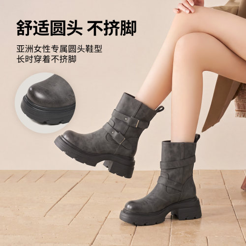卓诗尼秋冬厚底中筒马丁靴女