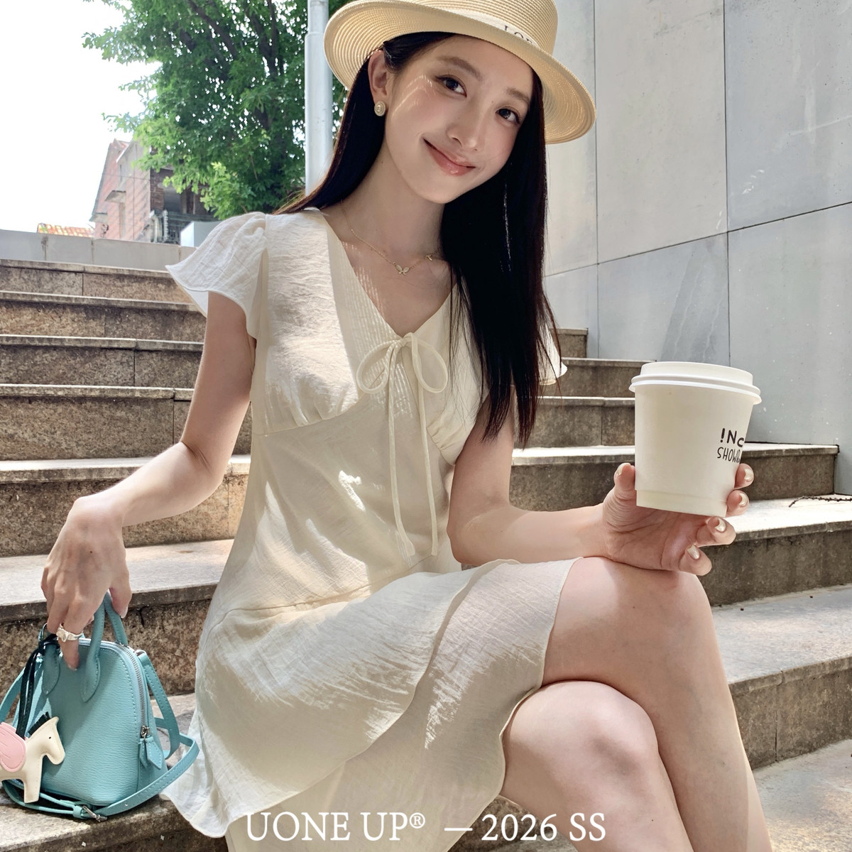 UONE-十三行26年夏清新淡雅韩系气质净色短袖显瘦连衣裙