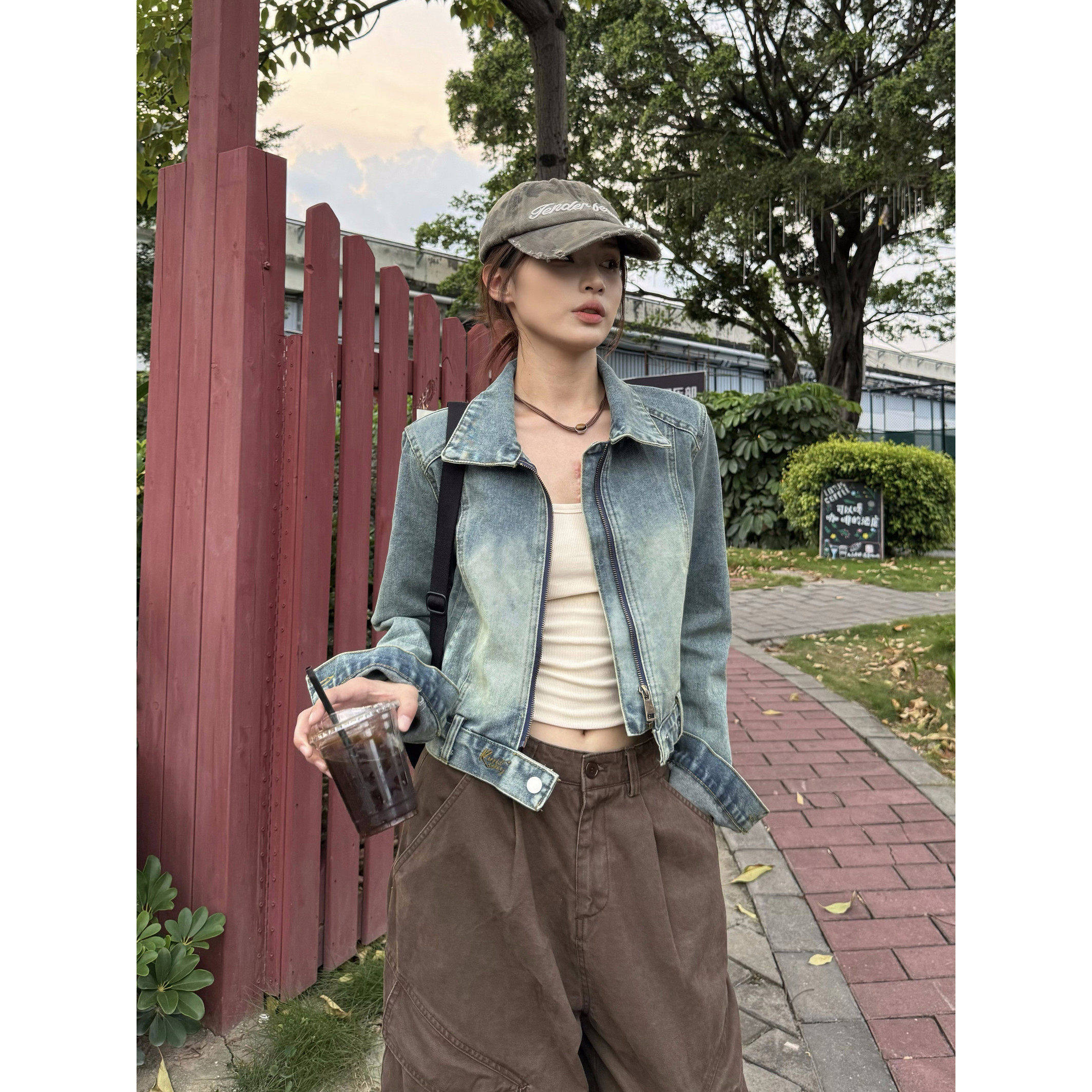 XFX 美式覆古水洗宽松短款港风高街牛仔外套女春秋休闲 夹克上衣