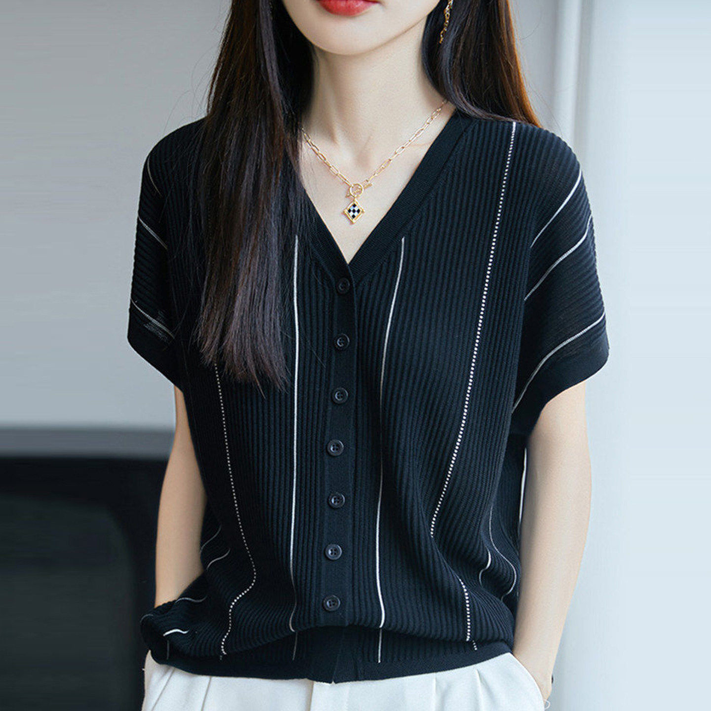 冰丝短袖t恤女2026新款夏季V领薄款针织衫开衫竖条纹宽松大尺码上