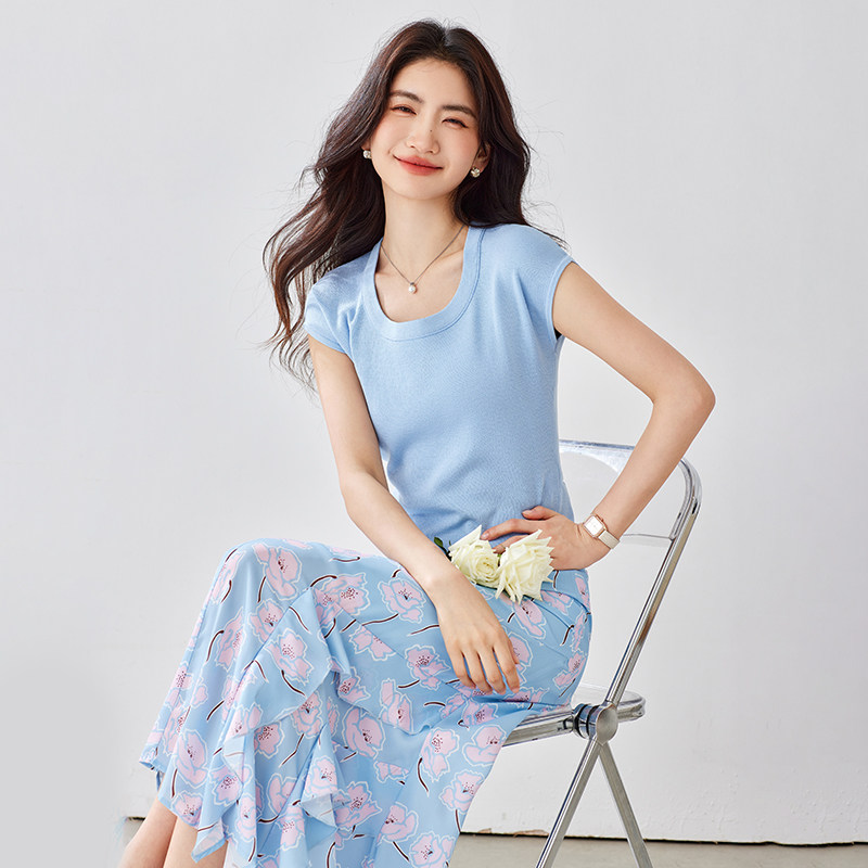 优雅气质套装女2026夏季新款U领针织衫碎花鱼尾裙两件套
