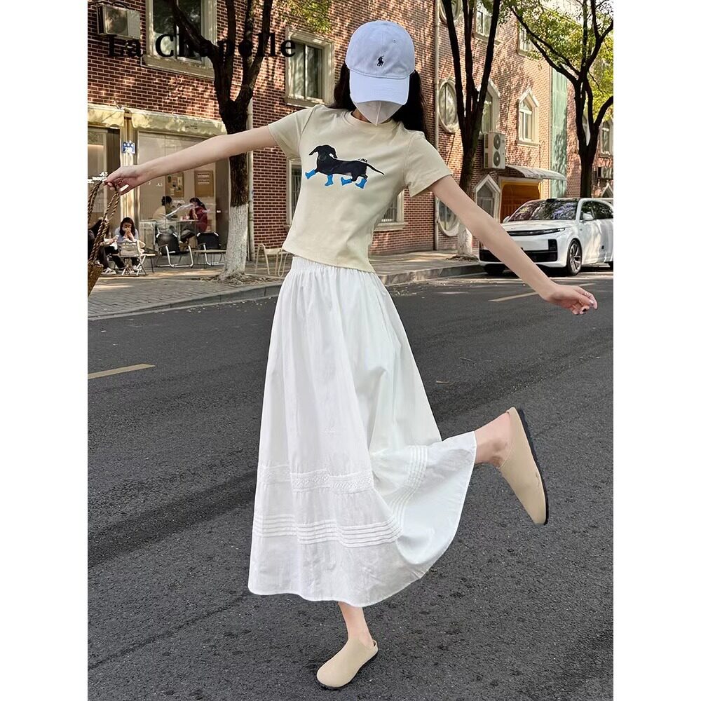 韩风白色半身裙女长裙2025新款松紧腰文艺百搭a字伞裙蓬蓬裙A3606