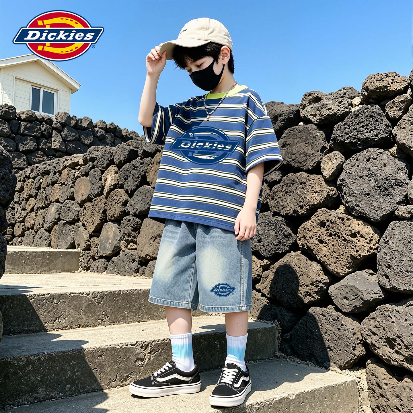 Dickies男童休闲套装夏2026新款儿童条纹短袖纯棉中大童牛仔短裤