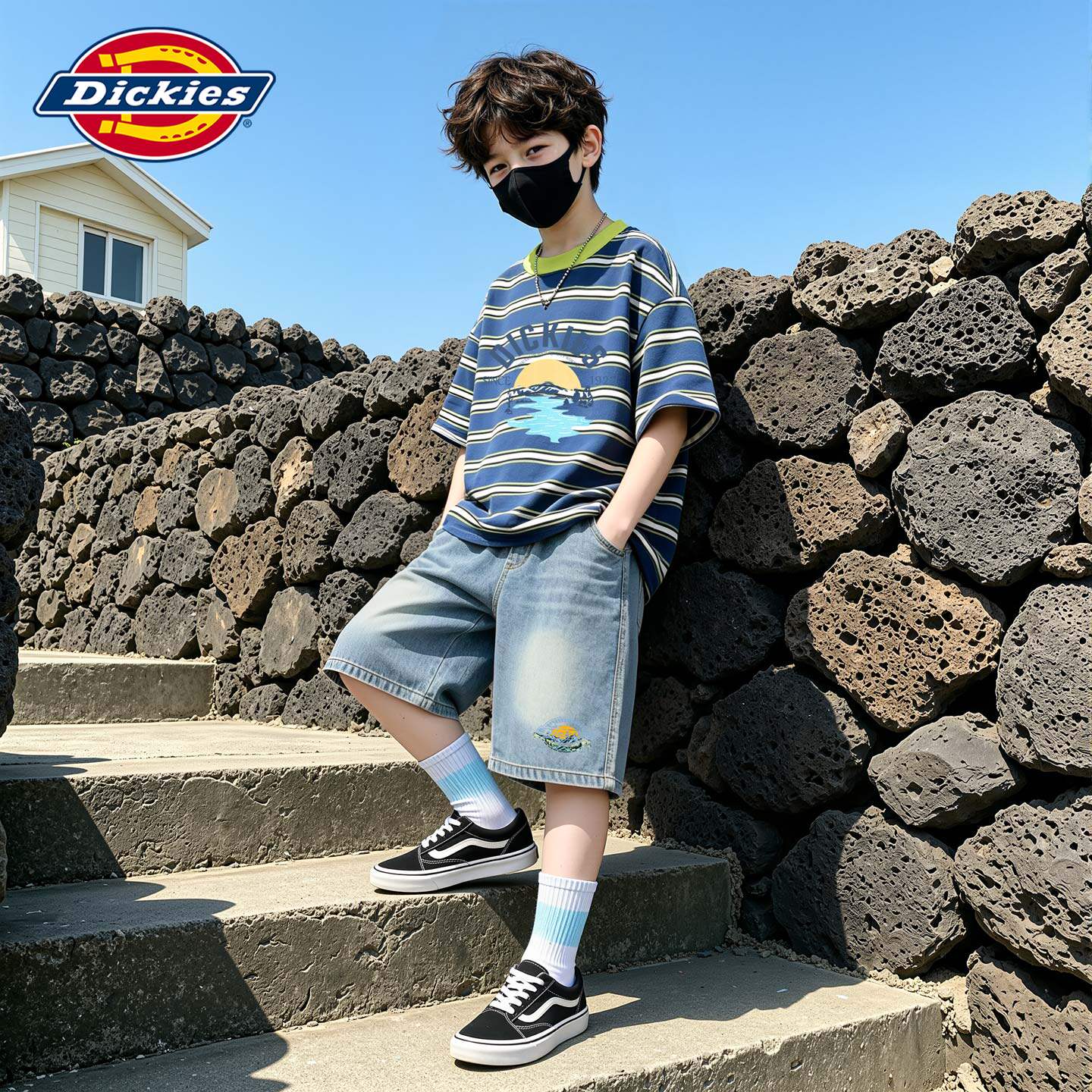 Dickies男童套装夏装2026新款儿童运动短袖纯棉条纹男孩牛仔短裤