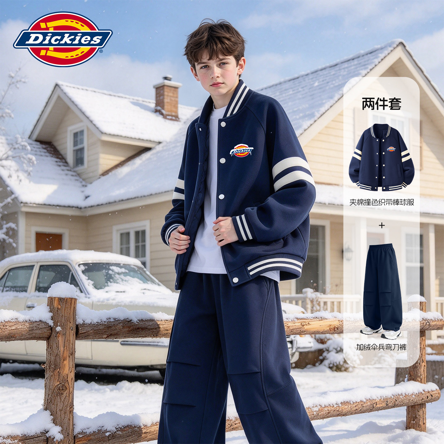 Dickies男童套装冬季2026新款男孩夹棉棒球服儿童加绒弯刀裤冬装