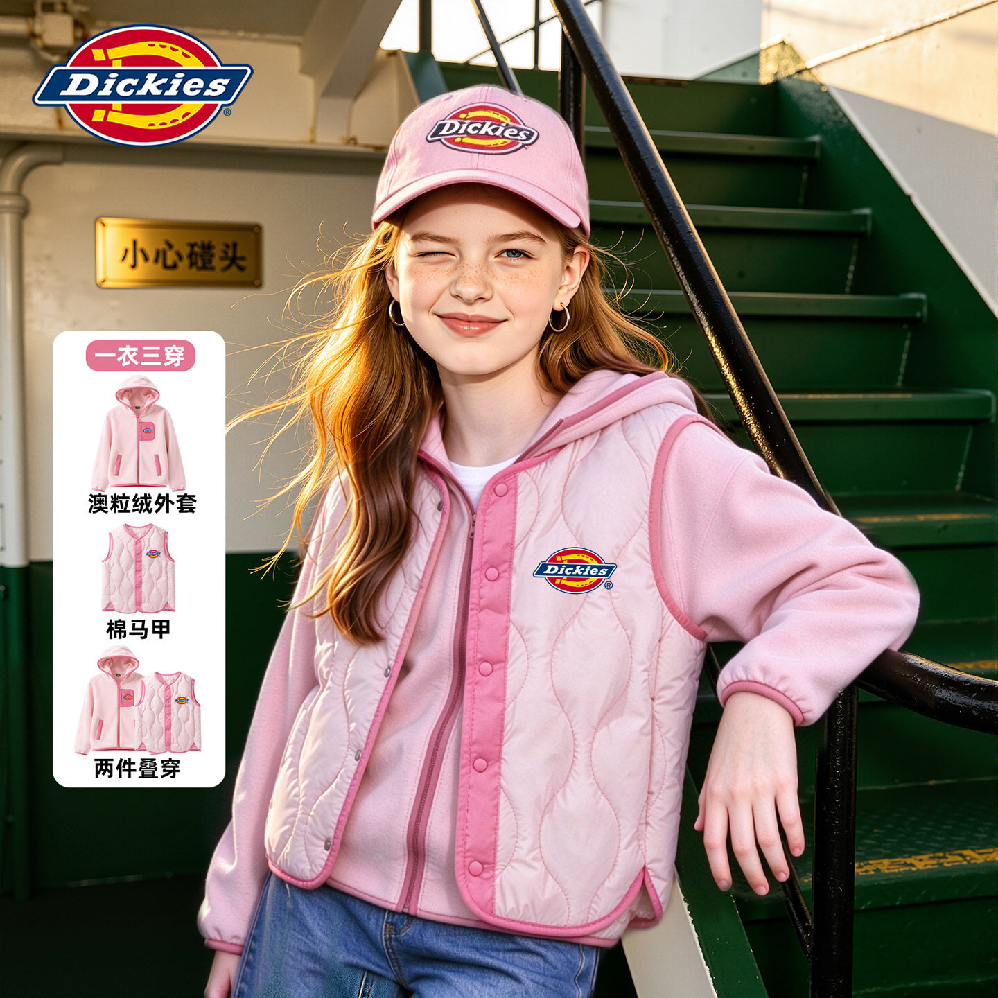 Dickies女童冬季连帽外套2026新款儿童时尚棉马甲小女孩加绒冬装