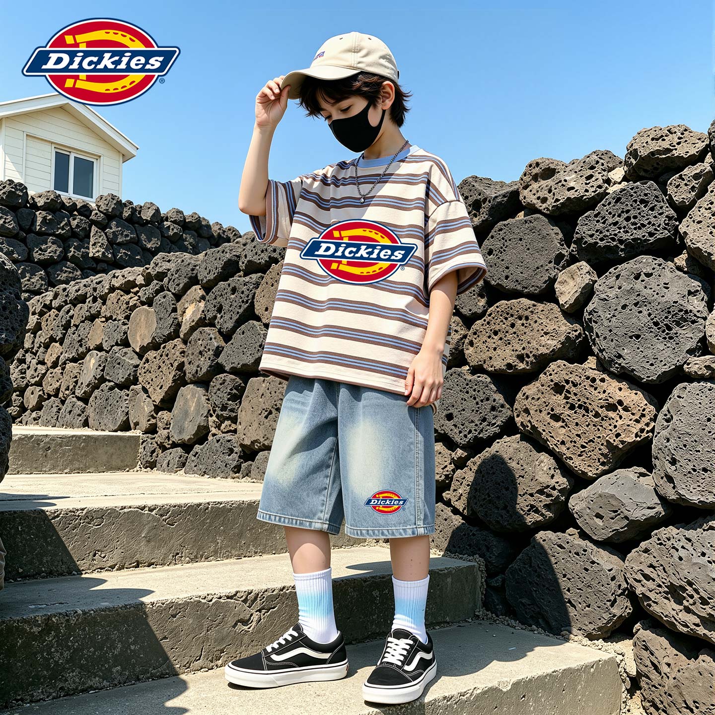 Dickies男童套装夏装2026新款儿童条纹短袖休闲时尚男孩牛仔短裤
