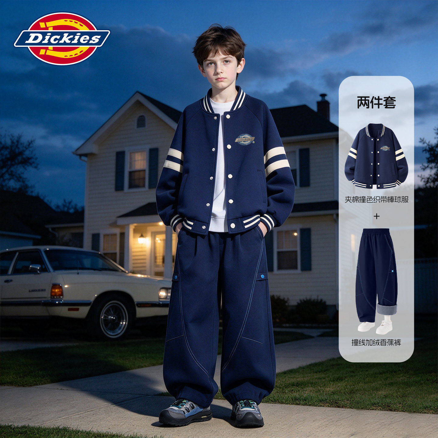 Dickies男童冬装套装2026新款冬季男孩棒球服加绒冬装儿童弯刀裤