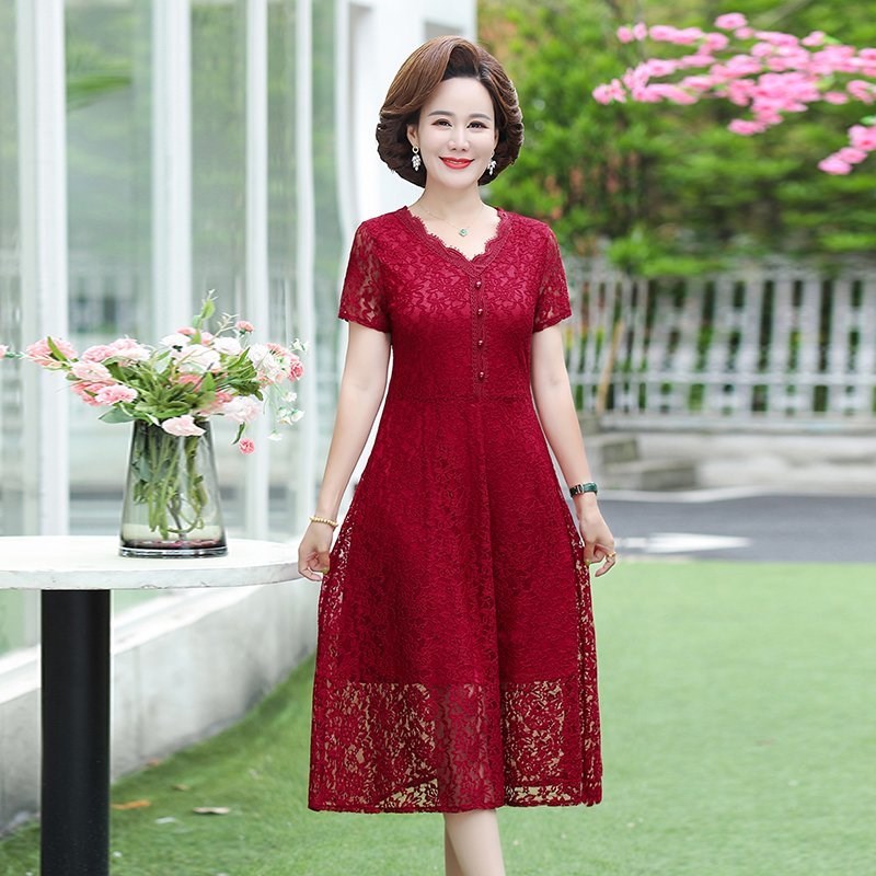 中年夏季婚礼妈妈蕾丝连衣裙高贵中老年女装