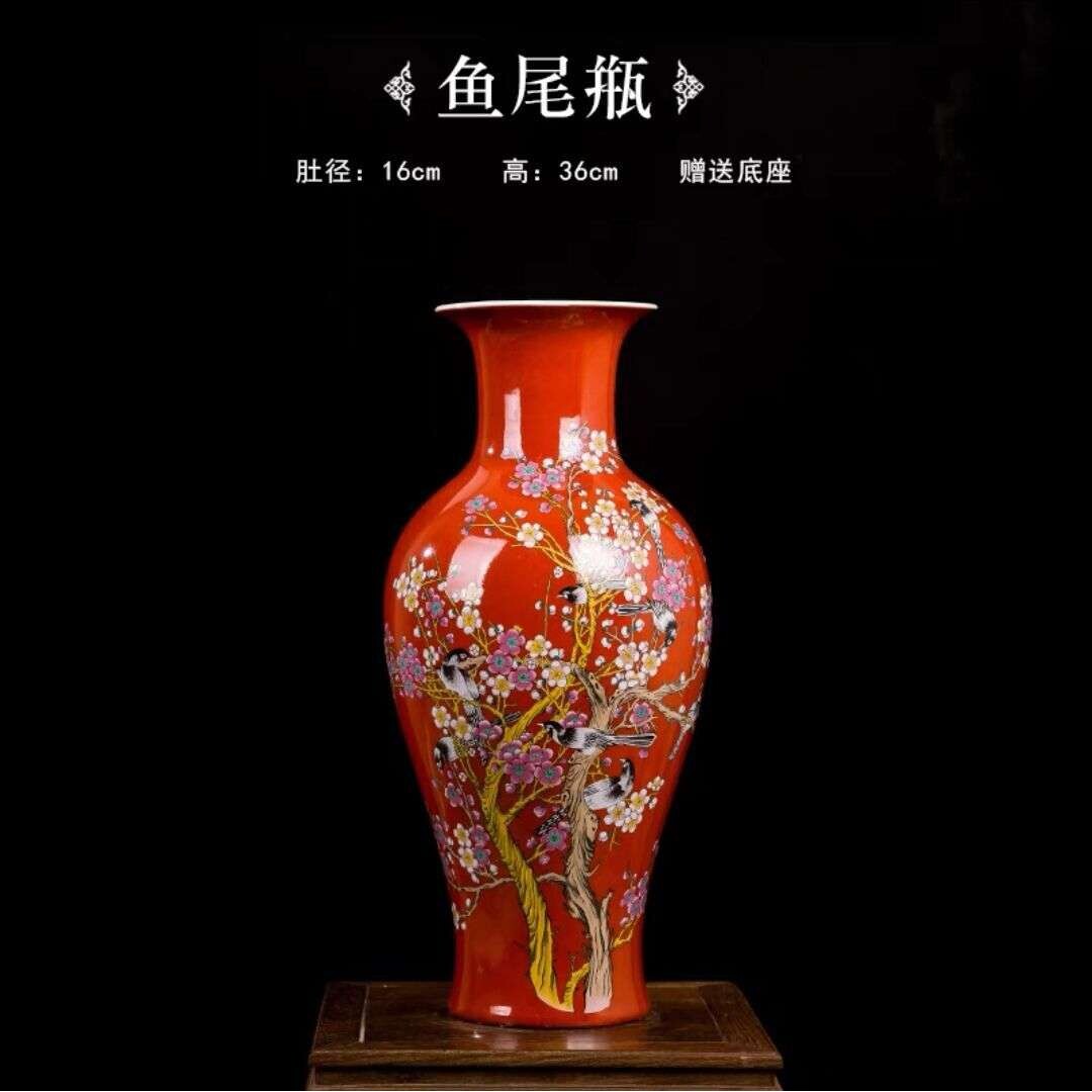 景德镇陶瓷器粉彩喜鹊花鸟花瓶家居客厅摆件中式办公室装饰工艺品