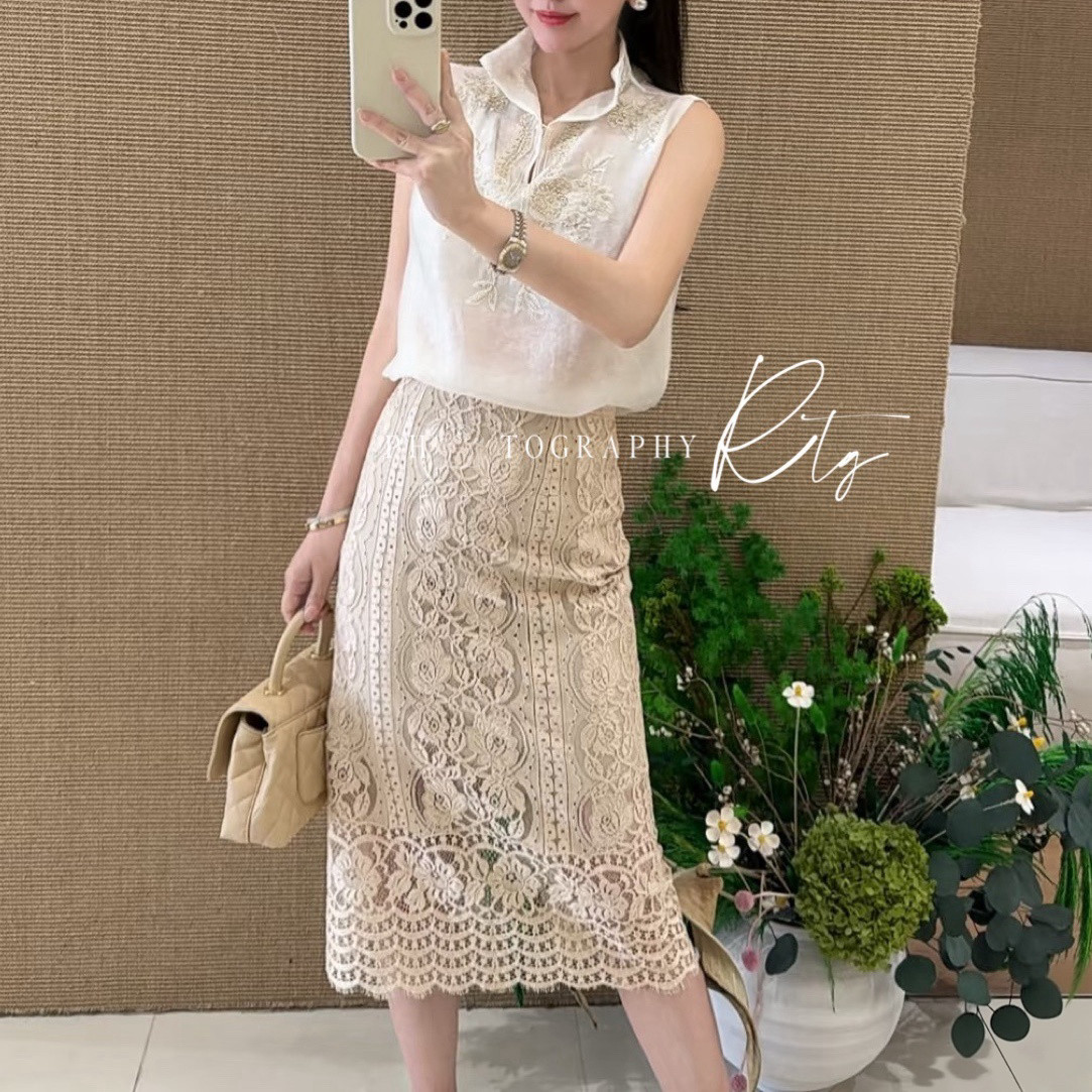 Rtg Clothing新款设计师小众原单百搭蕾丝后开叉半身裙