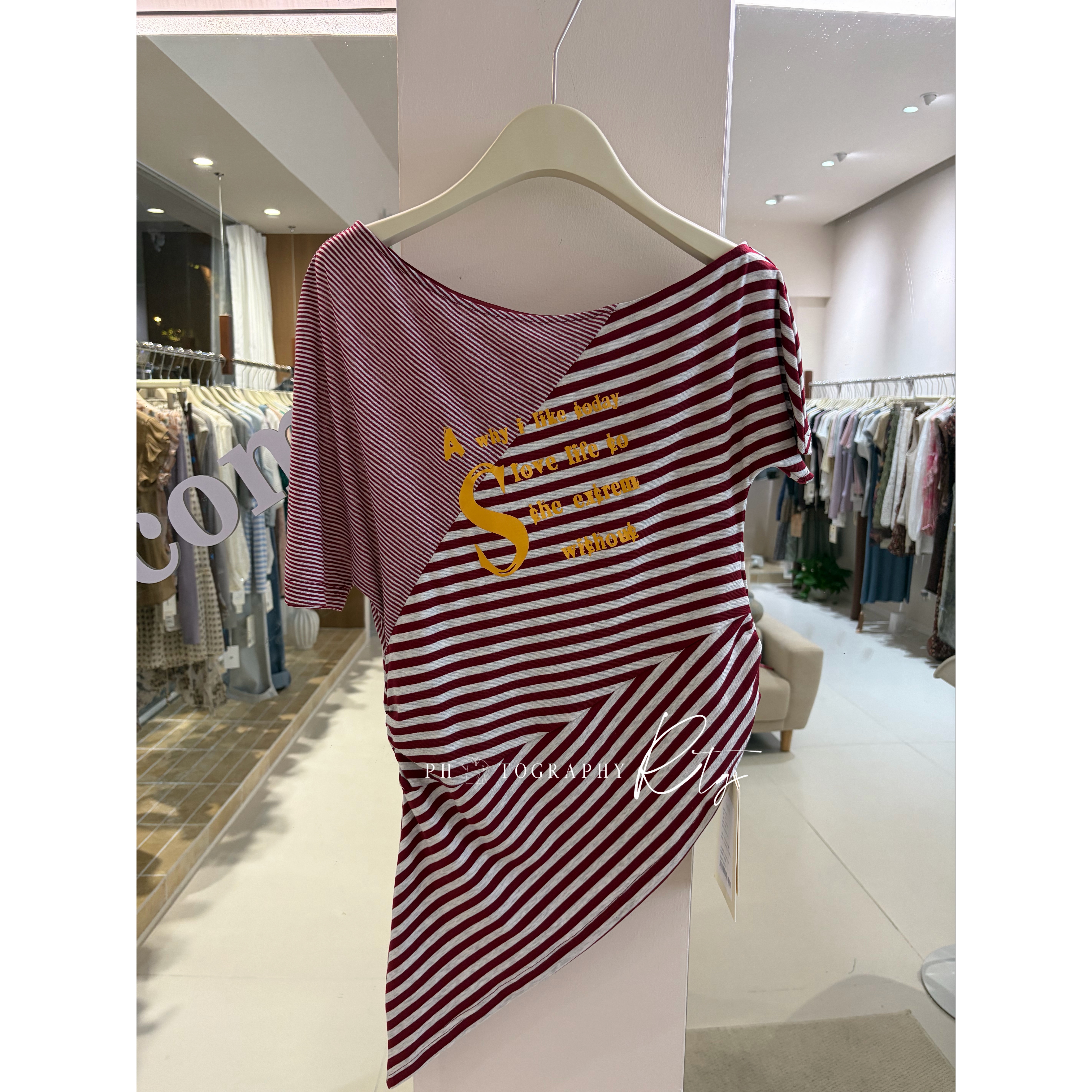 Rtg Clothing新款设计师品牌原单正品条纹斜肩拼接短袖T恤