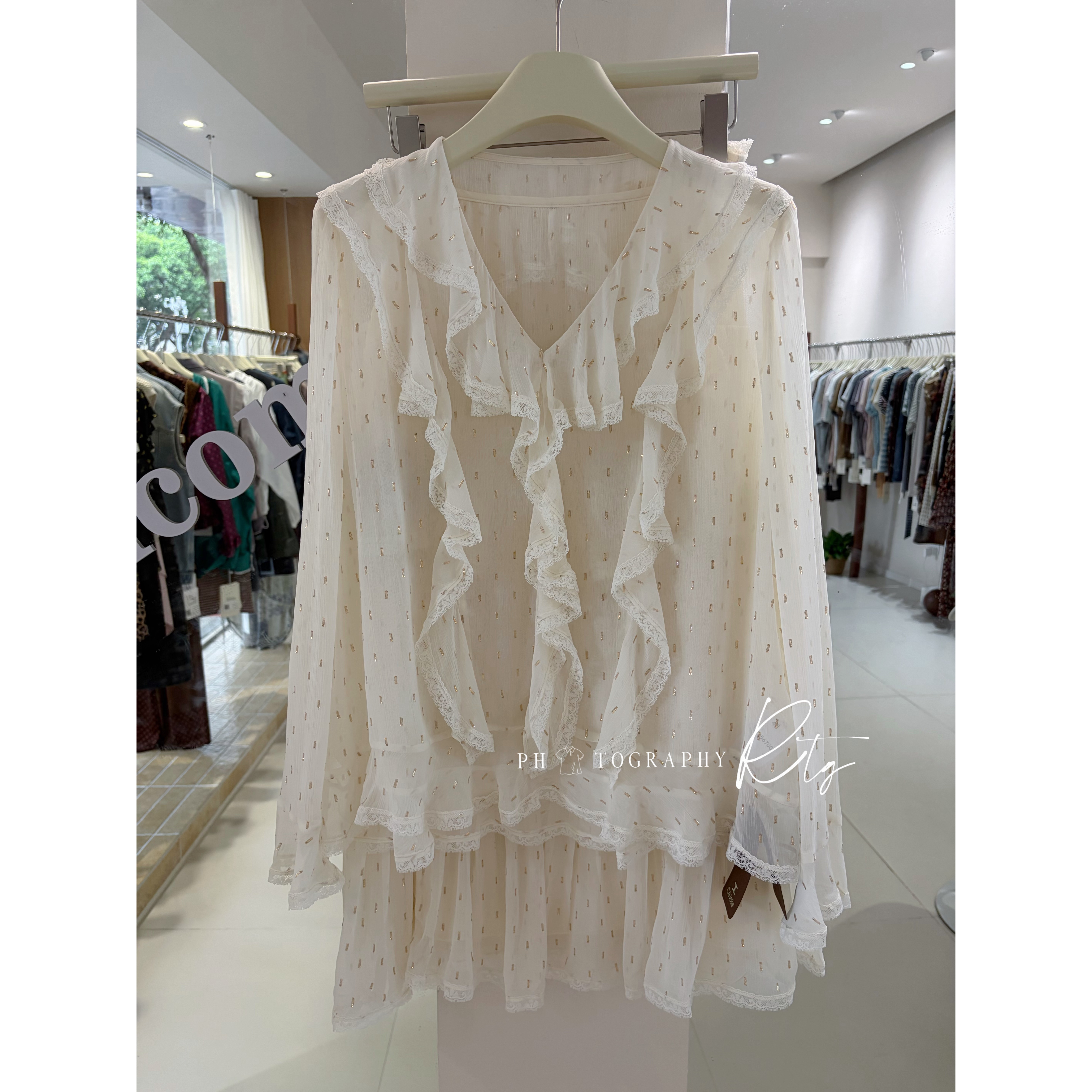 Rtg Clothing新款小众原单百搭蕾丝拼接金丝波点花边长袖上衣衬衫