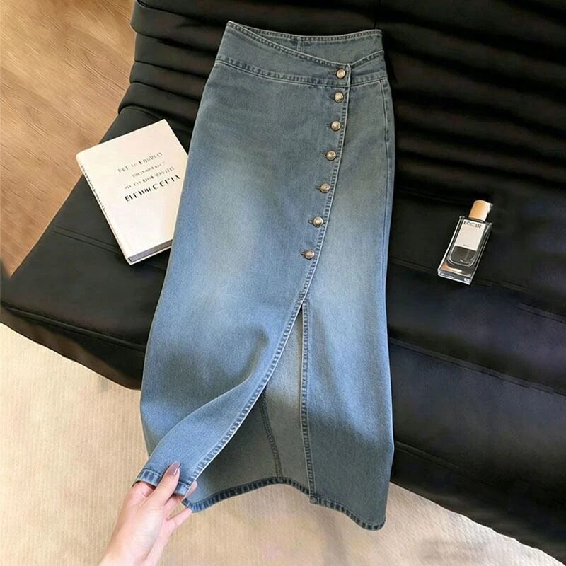 夏季高腰显瘦蓝色排扣牛仔半身裙
