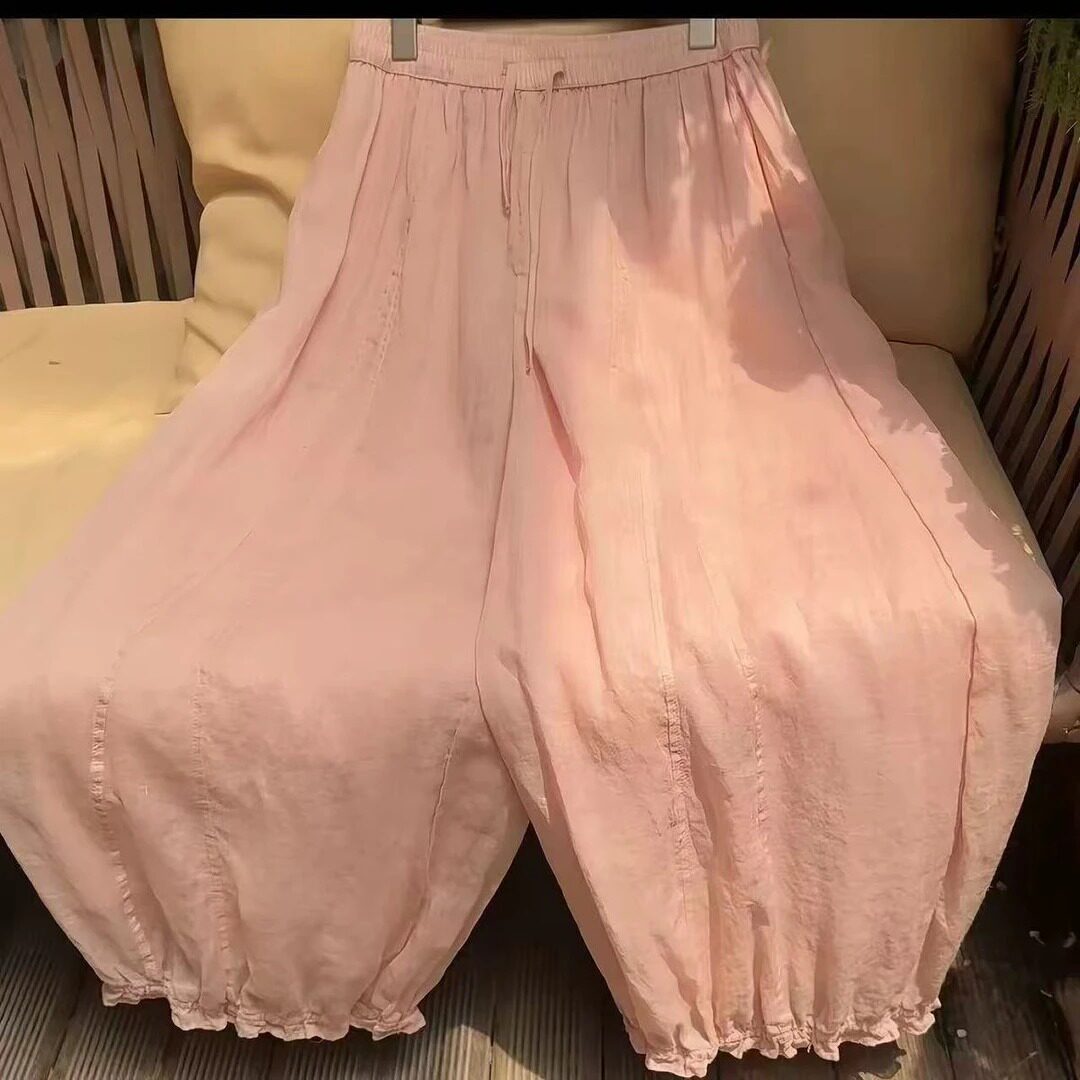 夏季苎麻花苞九分休闲裤女