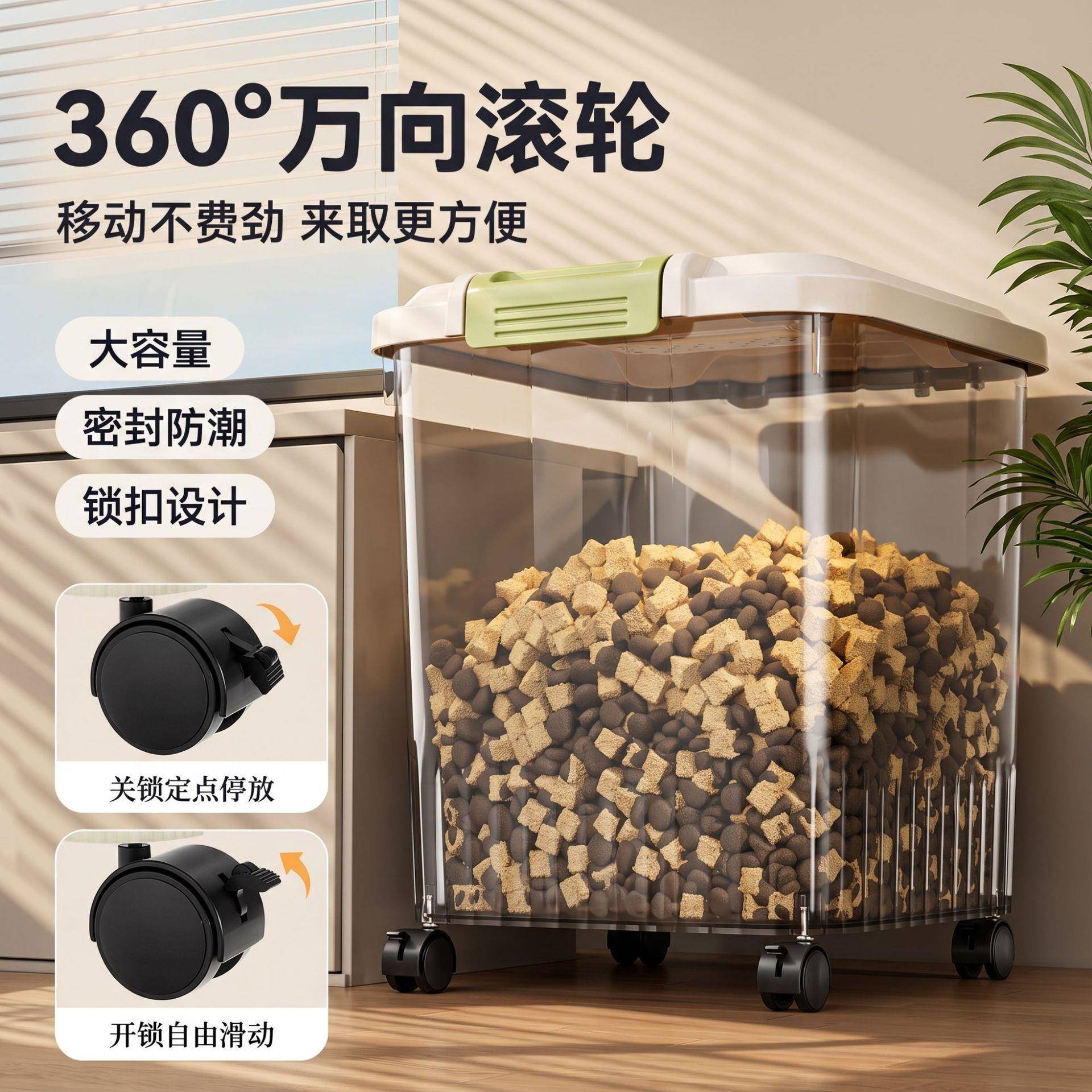 猫粮储存桶狗粮密封带盖防虫防潮宠物冻干收纳盒透明带轮储量桶图片