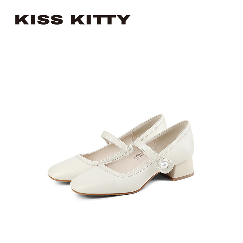 KISSKITTY羊皮粗跟一字扣带法式女士芭蕾风通勤不累脚玛丽珍女鞋