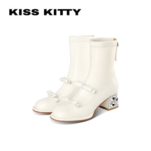 KISSKITTY法式珍珠粗跟短靴
