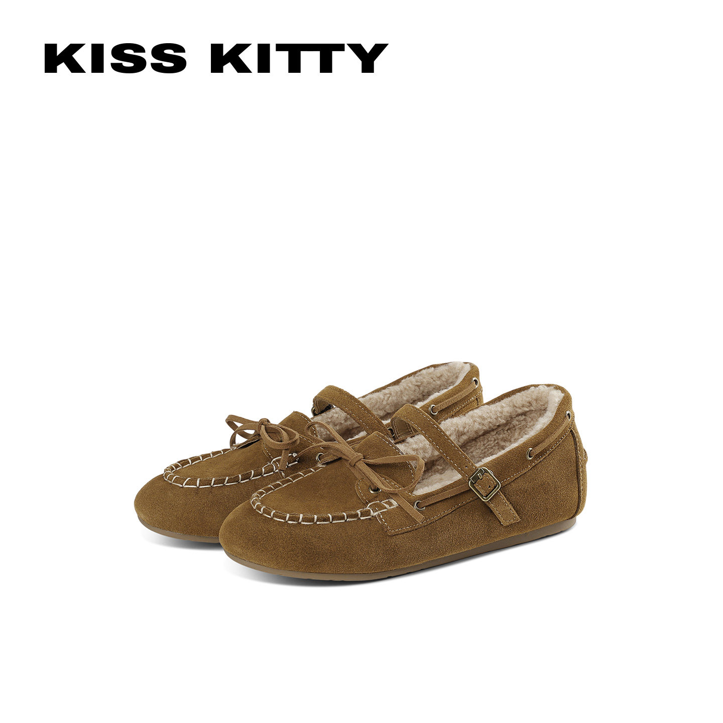 KISSKITTY毛绒玛丽珍鞋女平底绑带保暖棉鞋冬季休闲风百搭女士鞋