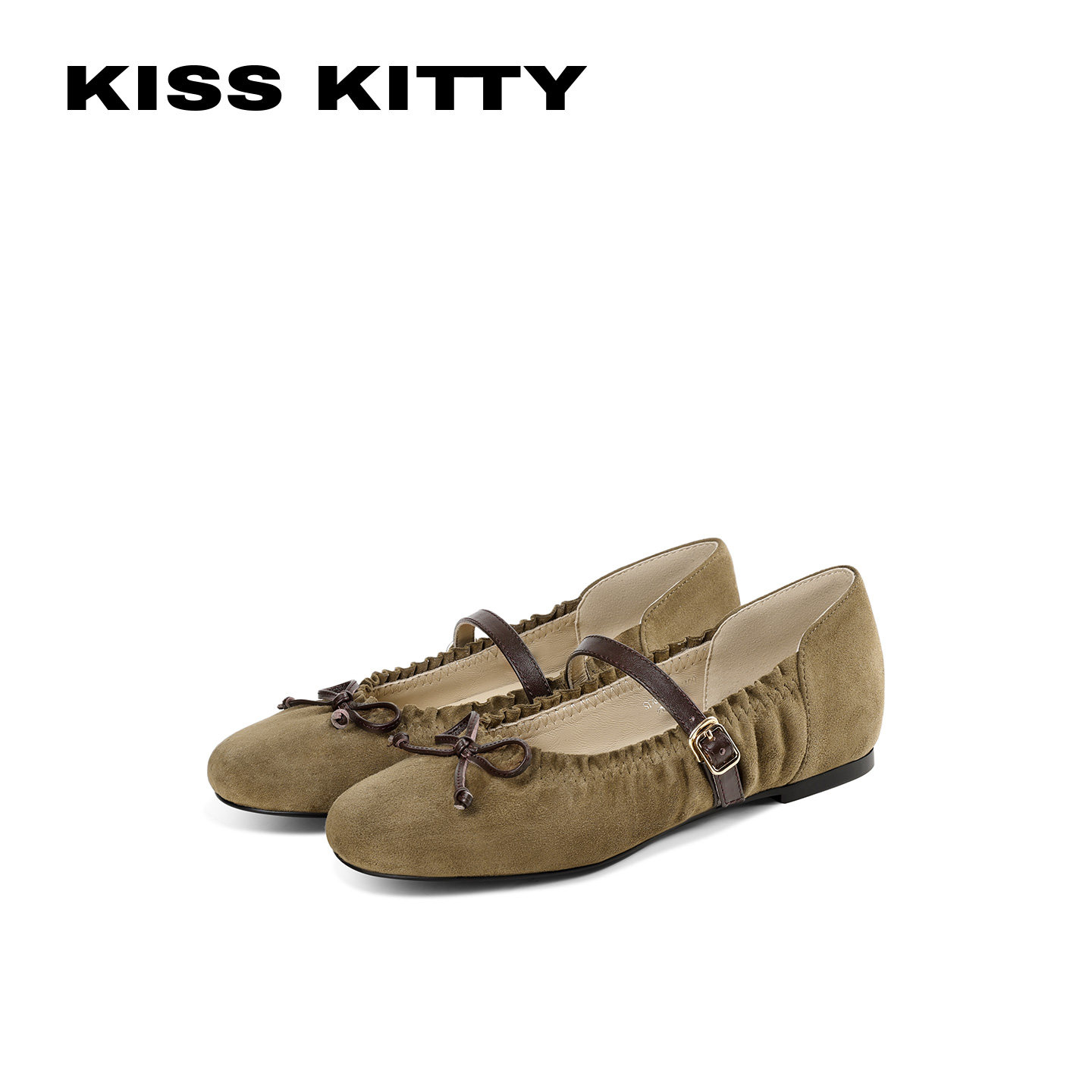 KISSKITTY复古反绒皮玛丽珍鞋女褶皱花边平底单鞋不累脚百搭