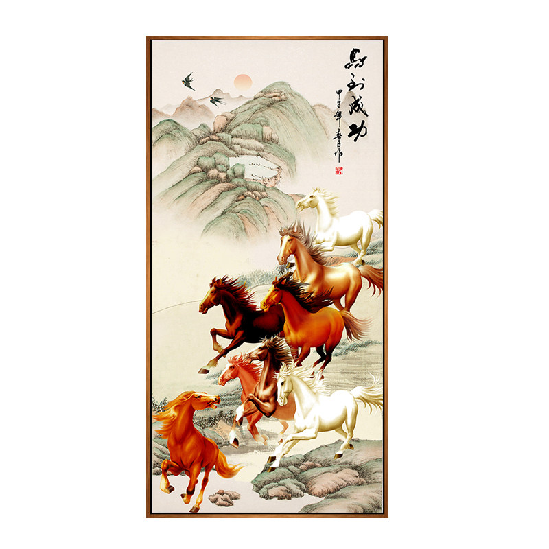 八骏图入户玄关装饰画竖版马到成功国画客厅骏马图走廊过道挂画马