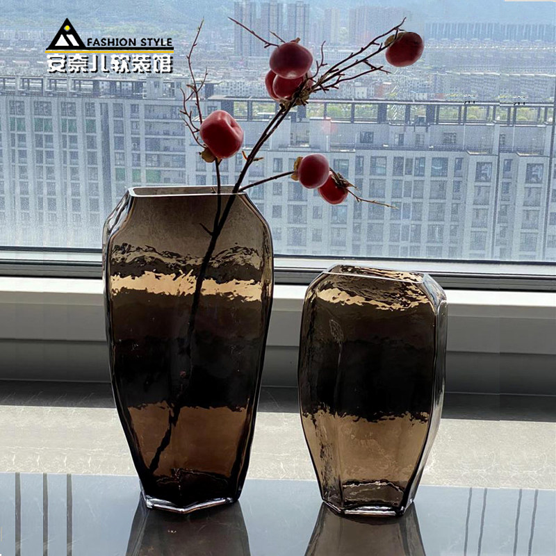 咖色扁几何大号玻璃花瓶创意冰纹水培花器家居客厅样板间软装摆件