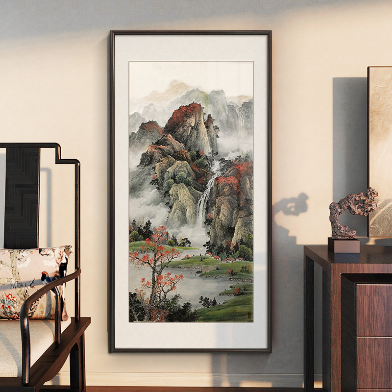 流水生财入户玄关画走廊过道装饰画墙壁挂画新中式山水画竖版招财