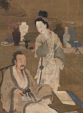 南宋李嵩焚香拨阮图古代人物画卷轴国画字画名画复制品仿古画挂画