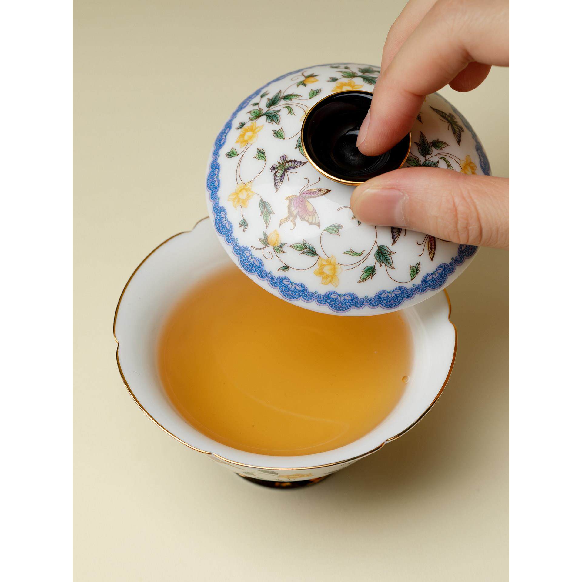 里作金缘蝶绘薄胎盖碗创意产品图册口手工陶瓷泡茶碗撇中式描金茶