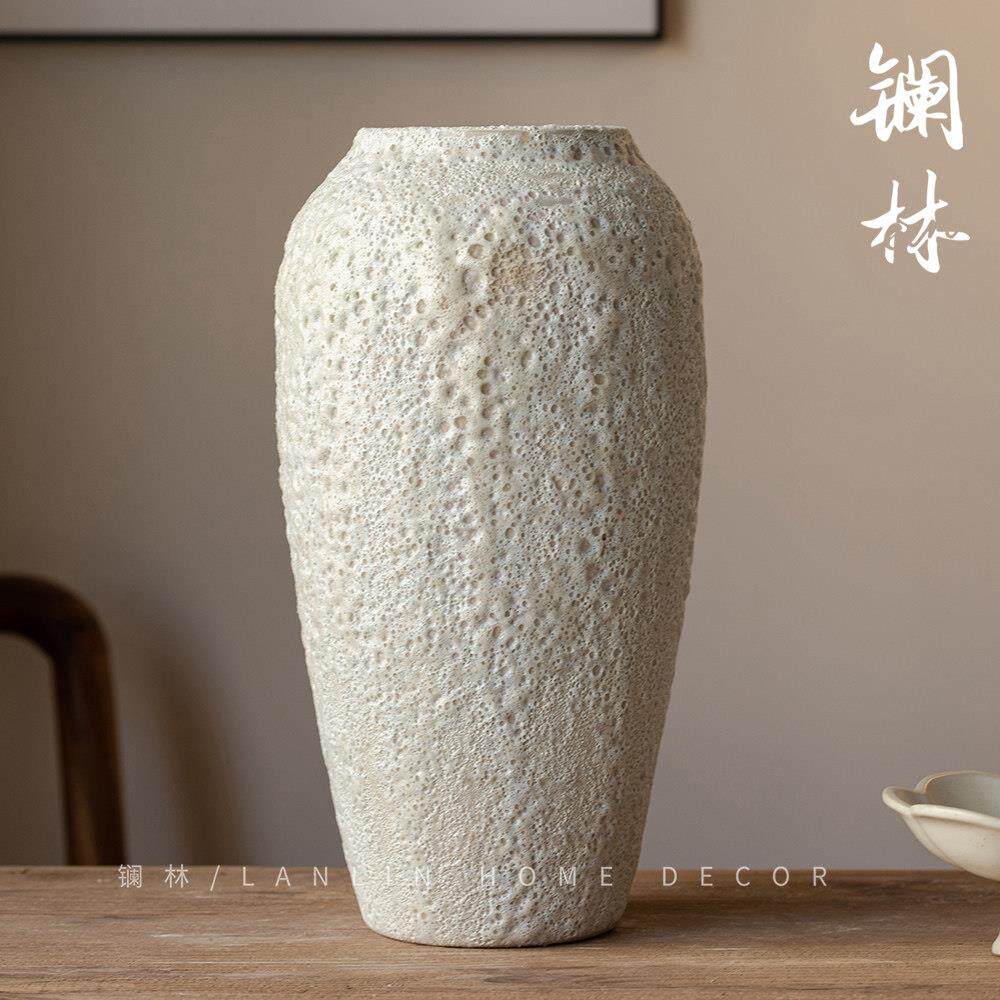 新中白式色花瓶侘家寂茶风覆古粗T-100陶插花器民宿室居台面装饰