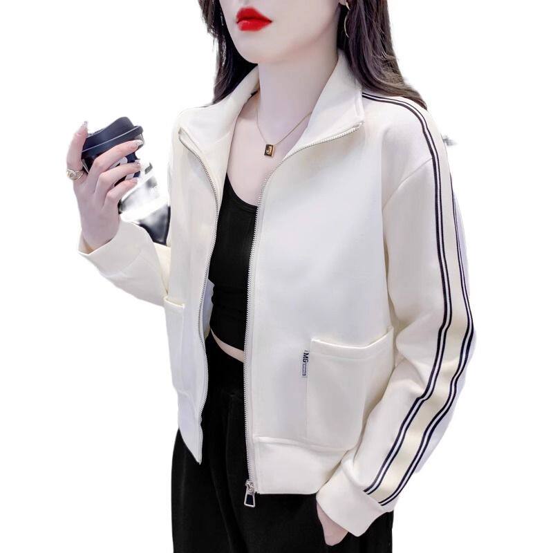 宽松白色慵懒立领通勤卫衣短外套女2024春秋时髦洋气棒球服上衣潮