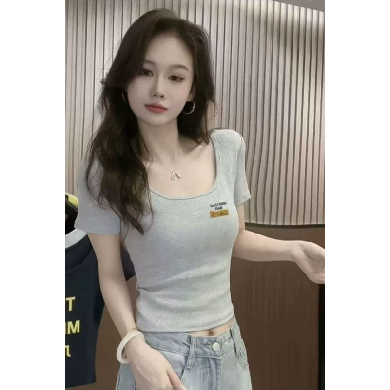夏季u领爆款印花正肩女士t恤短袖显瘦灰色修身纯棉百搭短款上衣潮