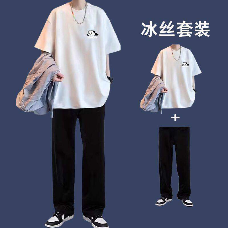 夏季休闲套装男生宽松短袖潮流男装两件套搭配长裤痞帅气运动一套