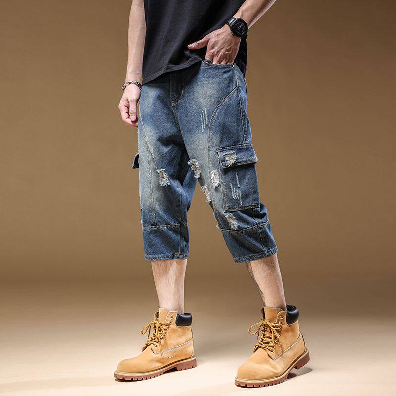 破洞牛仔短裤男夏季薄款工装裤子男2025年新款宽松大码乞丐七分裤