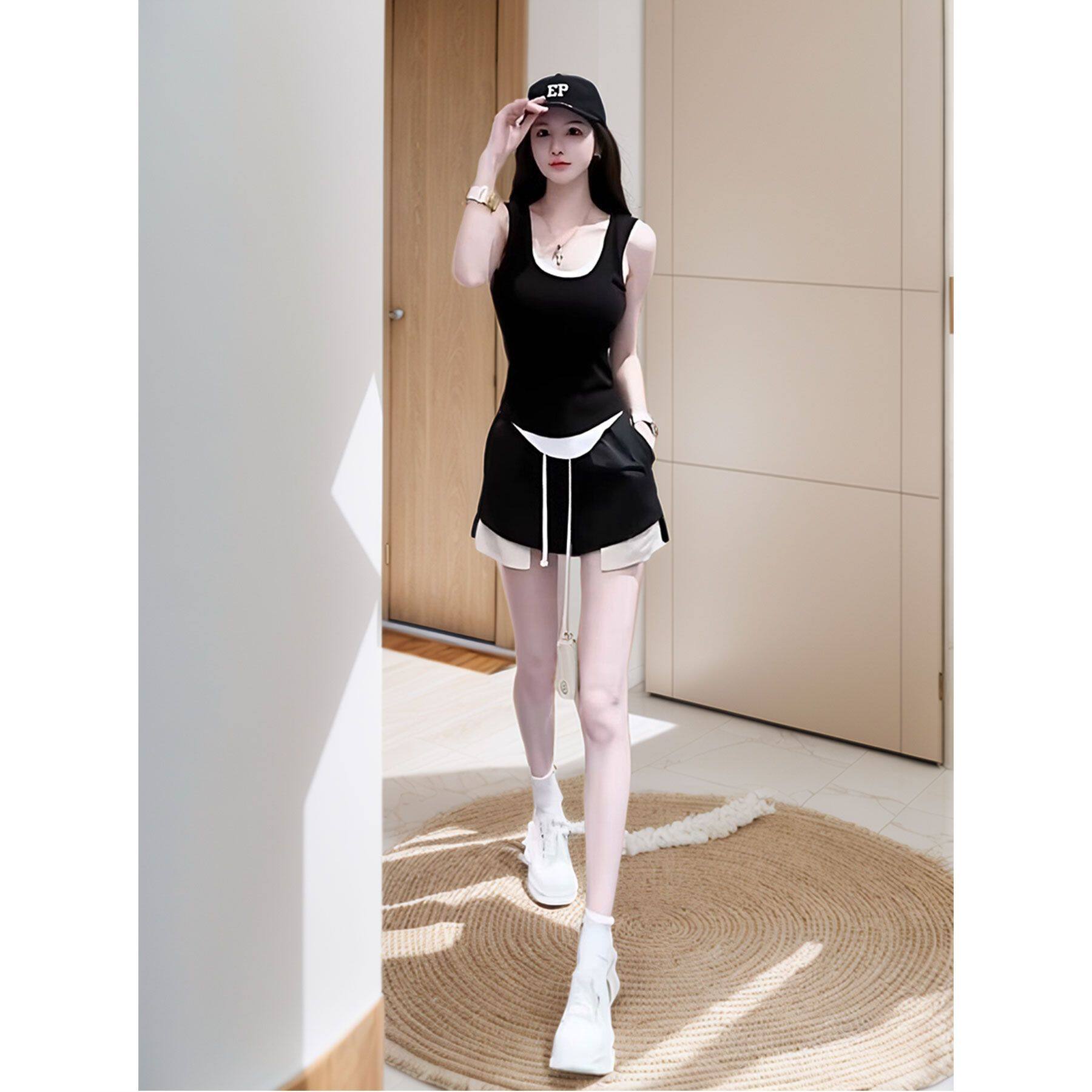 夏季新款假两件外穿内搭打底衫女高腰休闲纯欲辣妹短裤运动两件套