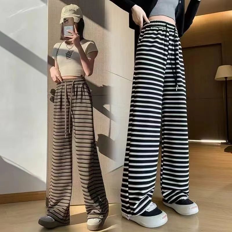 新款咖色条纹阔腿裤女春夏季薄款冰丝棉休闲垂感慵懒风宽松直筒裤