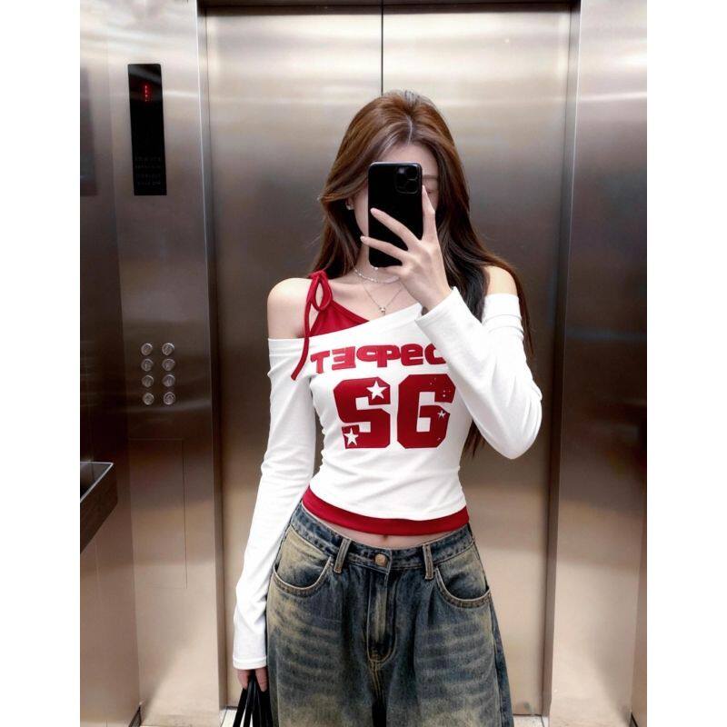 韩系斜领撞色印花假两件长袖t恤女春秋薄款打底衫修身收腰短上衣